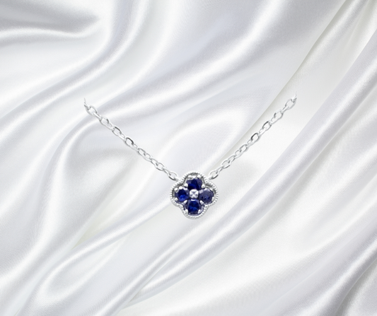 14K White Gold Blue Sapphire Gemstone Petite Clover Design Pendant 18" Long